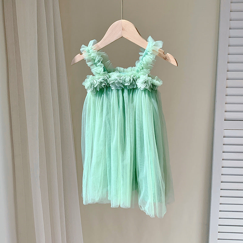 Summer Baby Kids Girls Sleeveless 3D Flowers Mesh Strap Dress-7