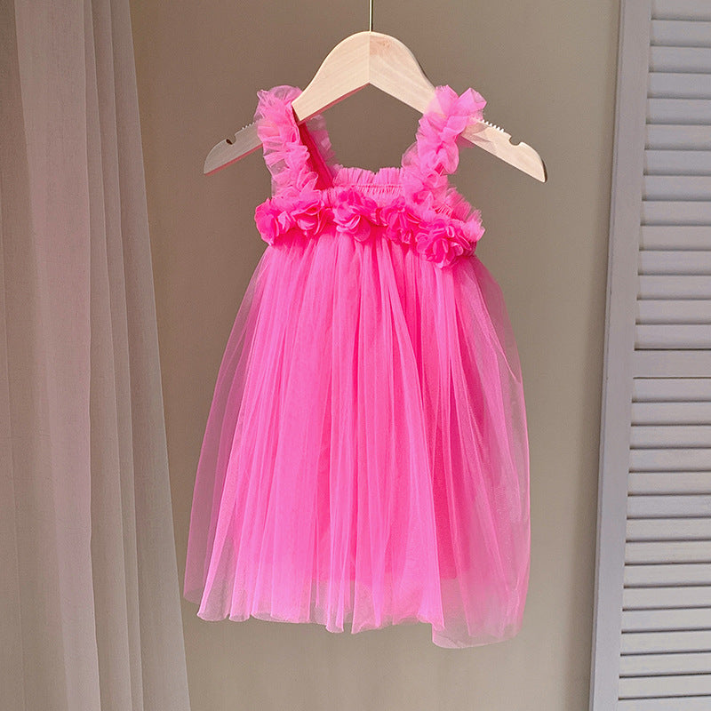 Summer Baby Kids Girls Sleeveless 3D Flowers Mesh Strap Dress-9
