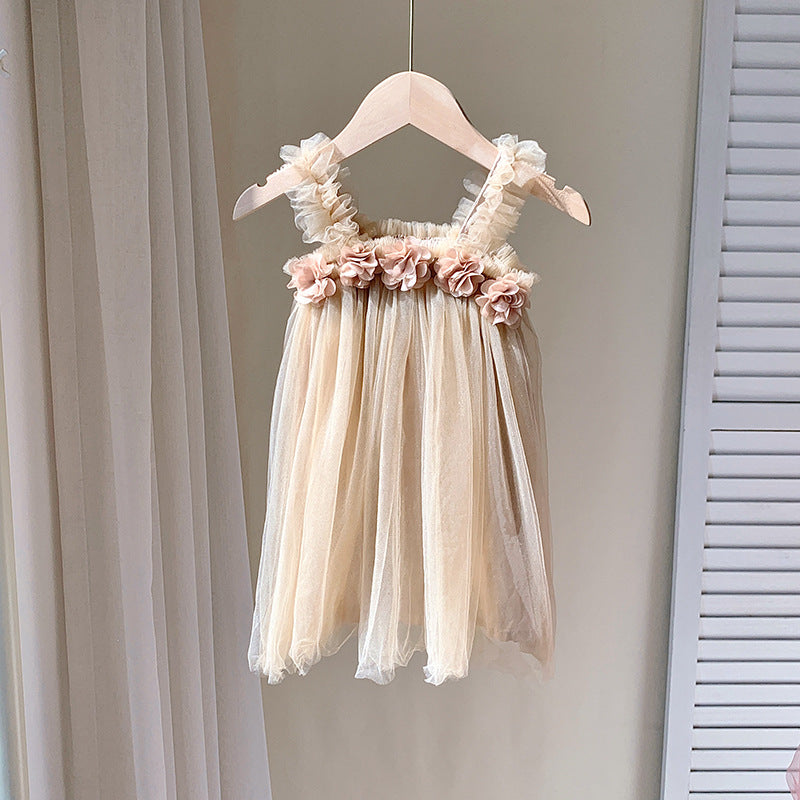 Summer Baby Kids Girls Sleeveless 3D Flowers Mesh Strap Dress-6
